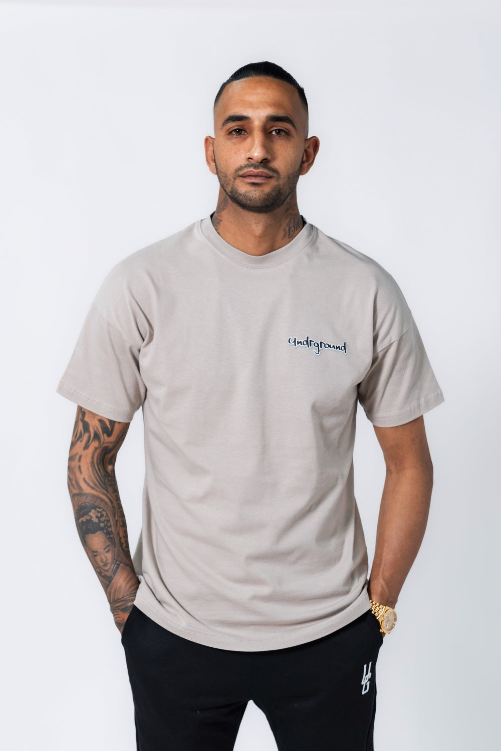Taupe/Blk Leather Patch Tee